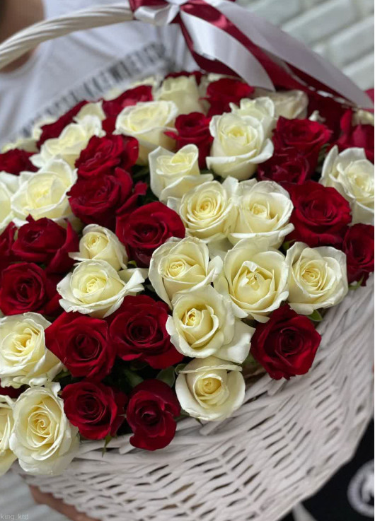 Red and white roses in a basket