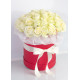 35 white roses in a hatbox