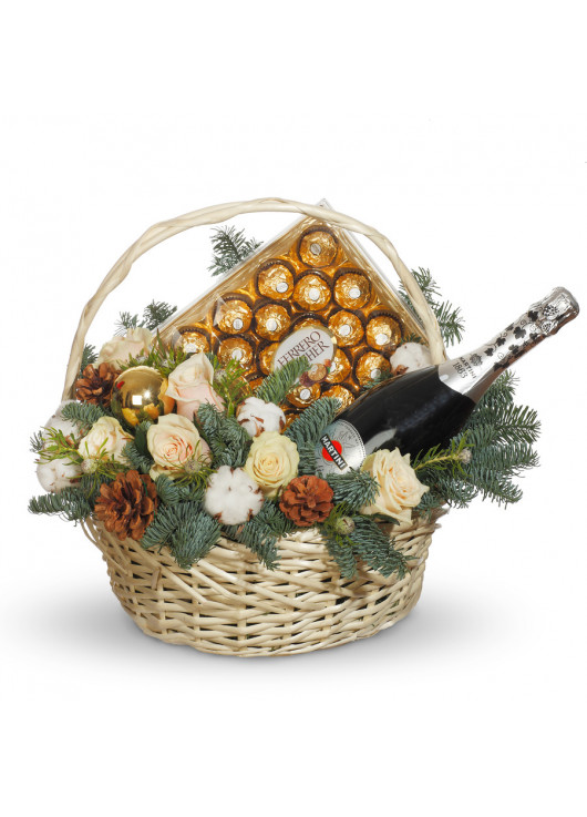 Christmas basket with decor and Asti Martini