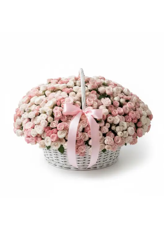 Cream Spray Rose “Madam Bombastic” in Wicker Basket (75 stems)