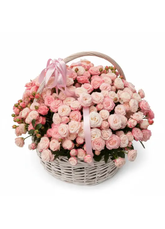 Cream Spray Rose “Madam Bombastic” in Wicker Basket (51 stems)