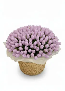 201 lilac tulips in a luxury wicker basket