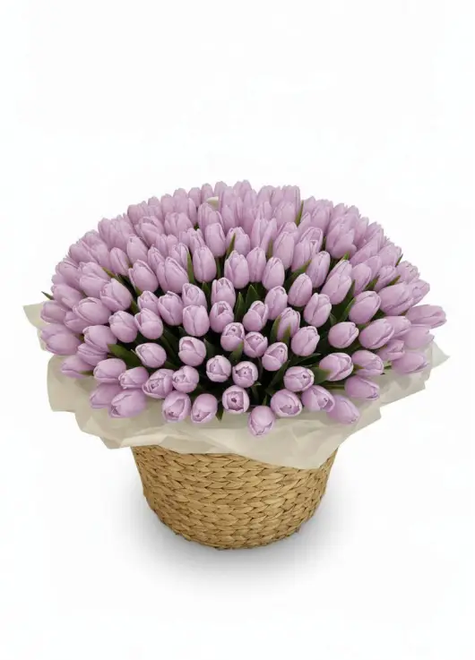 201 lilac tulips in a luxury wicker basket