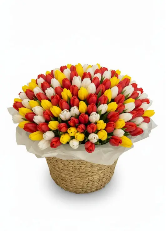 201 mixed tulips in a luxury wicker basket