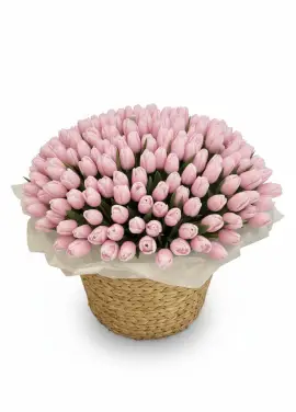 201 pink tulips in a luxury wicker basket