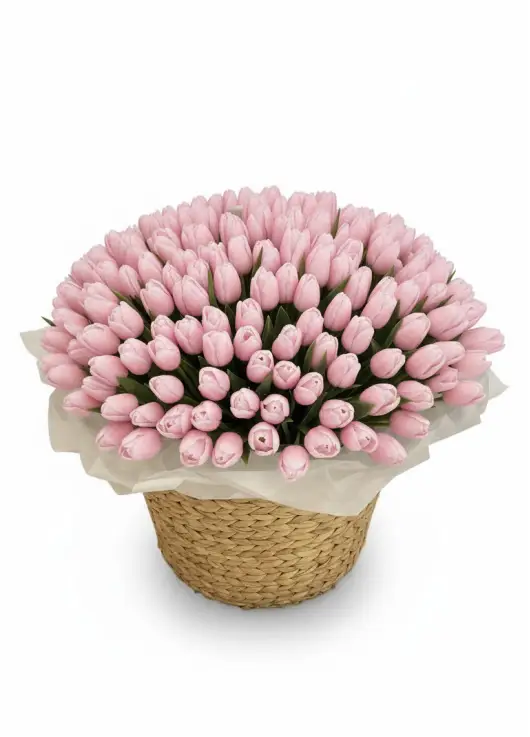 201 pink tulips in a luxury wicker basket