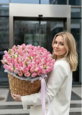 201 pink tulips in a luxury wicker basket