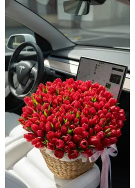 201 red tulips in a luxury wicker basket
