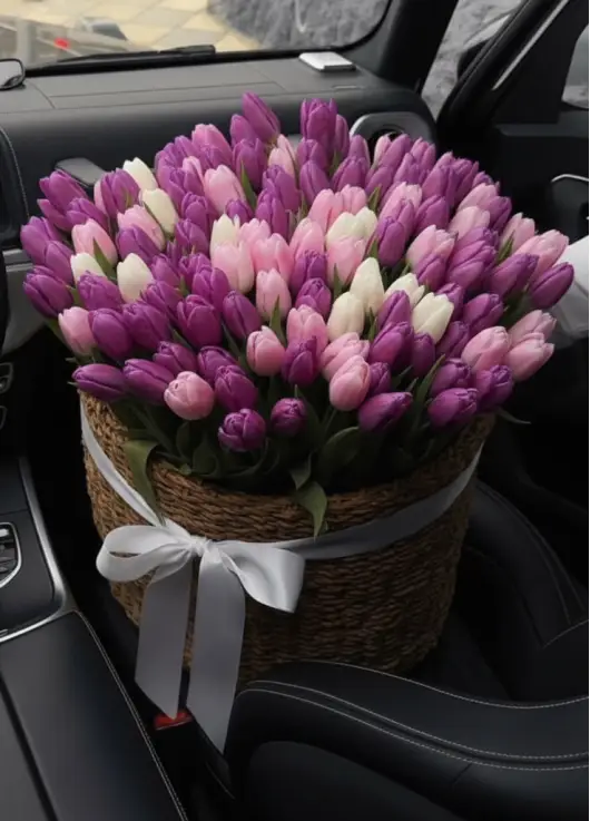 201 soft tulips in a luxury wicker basket