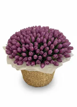 201 purple tulips in a luxury wicker basket
