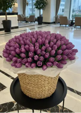 201 purple tulips in a luxury wicker basket