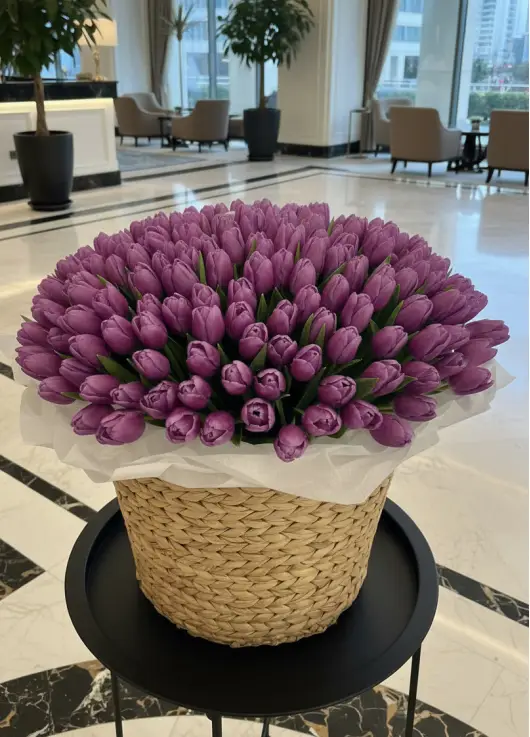 201 purple tulips in a luxury wicker basket
