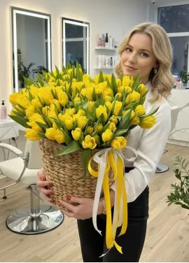 201 yellow tulips in a luxury wicker basket