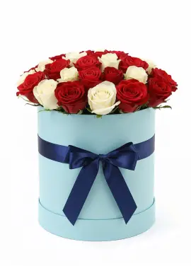 25 red and white roses in a box