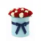 25 red and white roses in a box