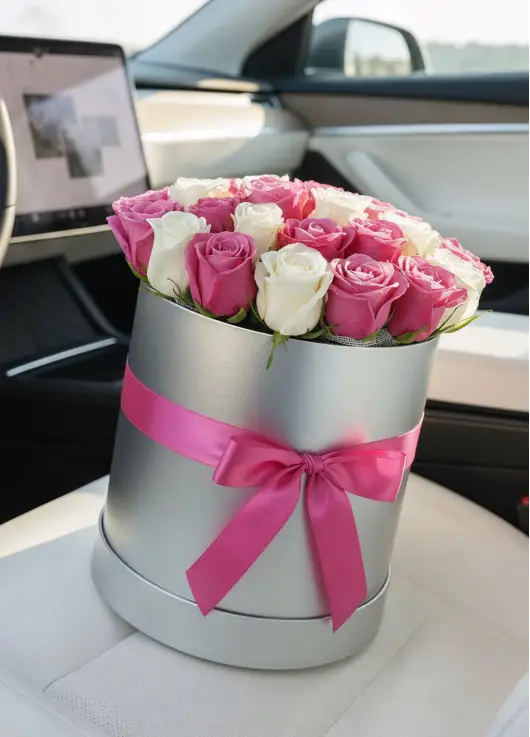 25 white and pink roses in a box