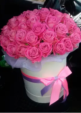 45 pink roses in a box