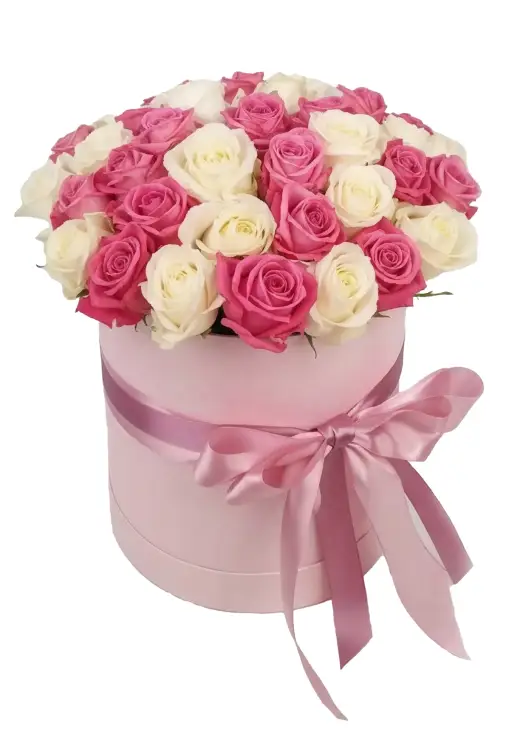 35 white and pink roses in a box