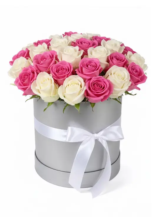 35 white and pink roses in a box