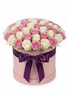 45 white and pink roses in a box