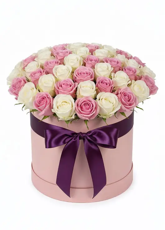 45 white and pink roses in a box