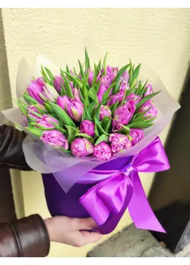 Violet tulips in a hat box