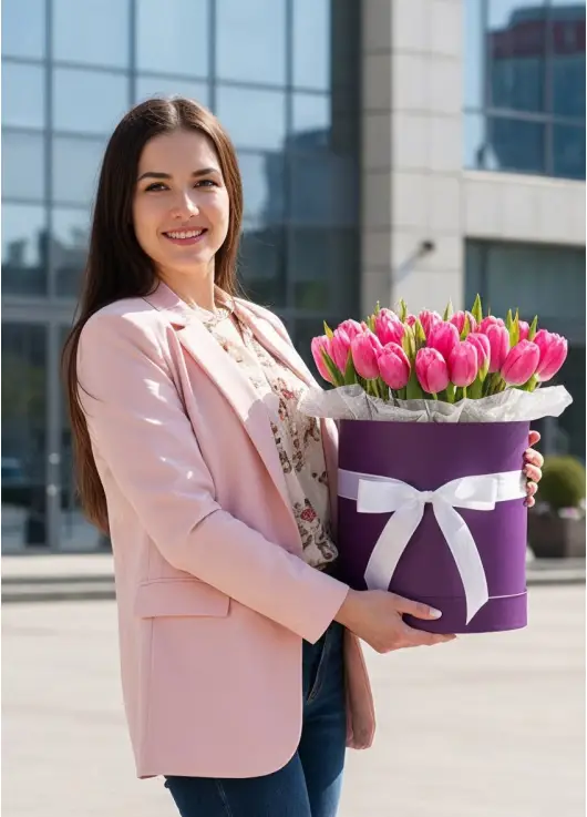 25 raspberry tulips in a box (imported, Netherlands)