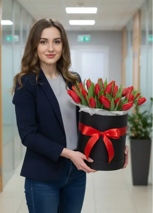 25 red tulips in a box (imported, Netherlands)