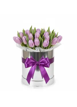 25 lilac tulips in a box (imported, Netherlands)