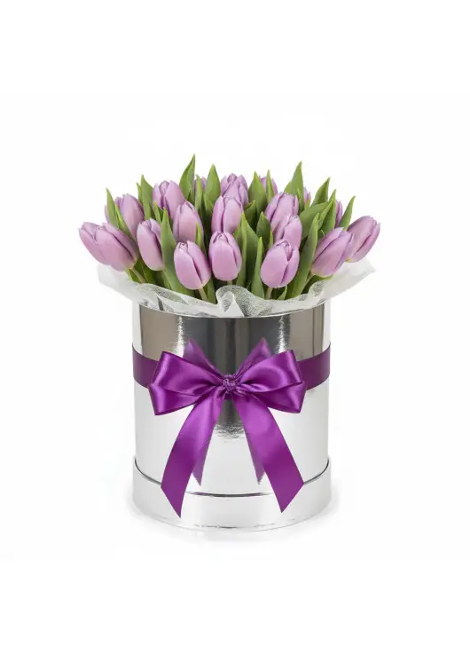 25 lilac tulips in a box (imported, Netherlands)