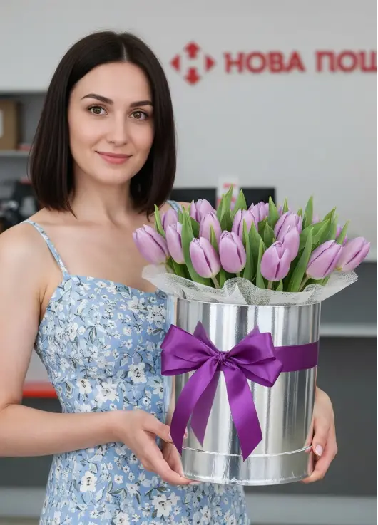 25 lilac tulips in a box (imported, Netherlands)