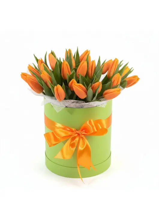 25 orange tulips in a box (imported, Netherlands)