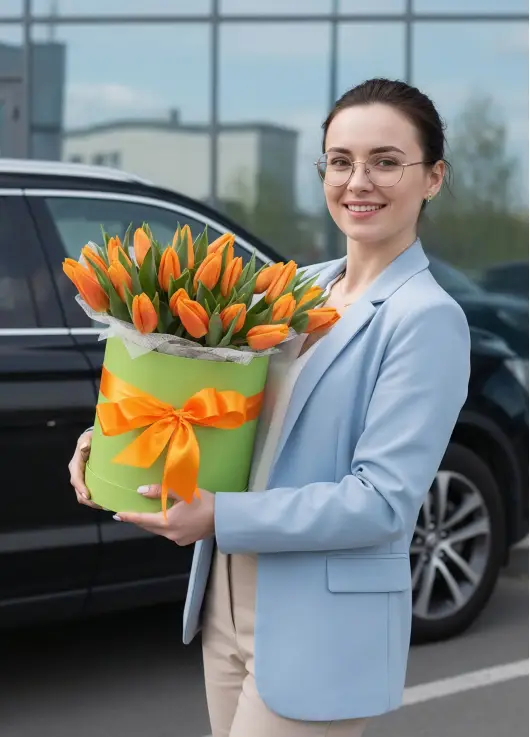 25 orange tulips in a box (imported, Netherlands)