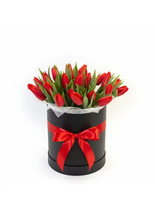 25 red tulips in a box (imported, Netherlands)