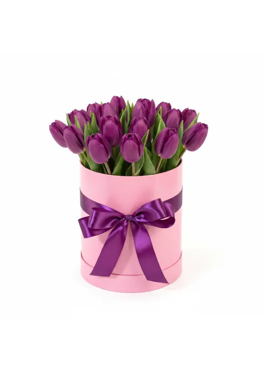 25 purple tulips in a box (imported, Netherlands)