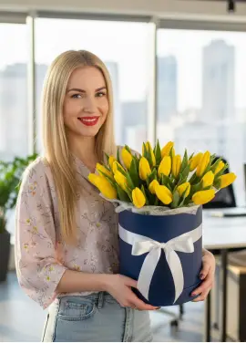 25 yellow tulips in a box (imported, Netherlands)