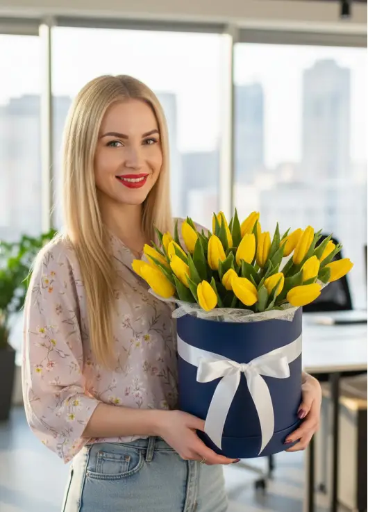 25 yellow tulips in a box (imported, Netherlands)