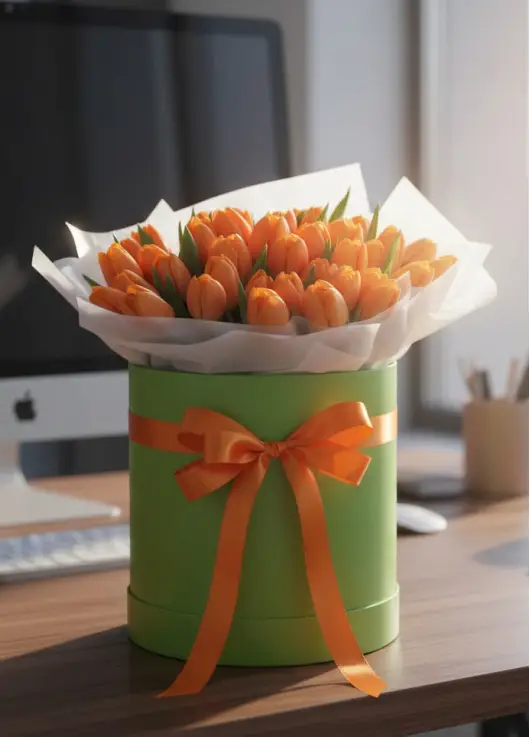 51 orange tulips in a box (imported, Netherlands)