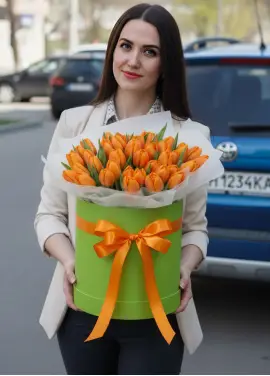 51 orange tulips in a box (imported, Netherlands)