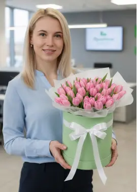 51 pink tulips in a box (imported, Netherlands)