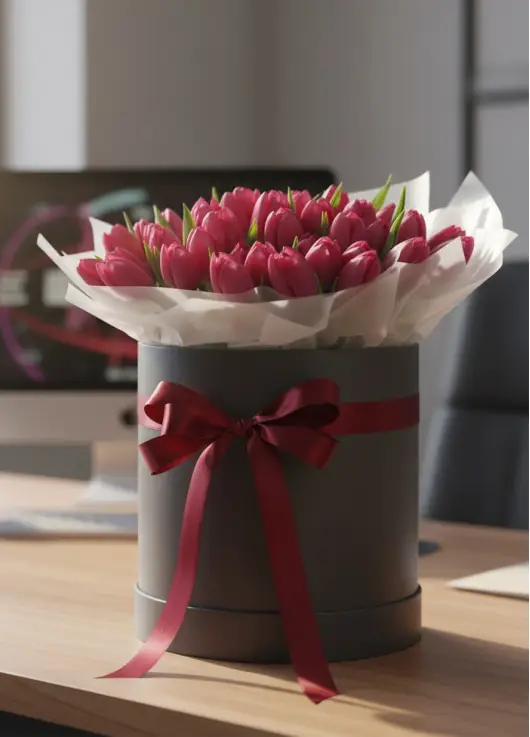 51 red tulips in a box (imported, Netherlands)