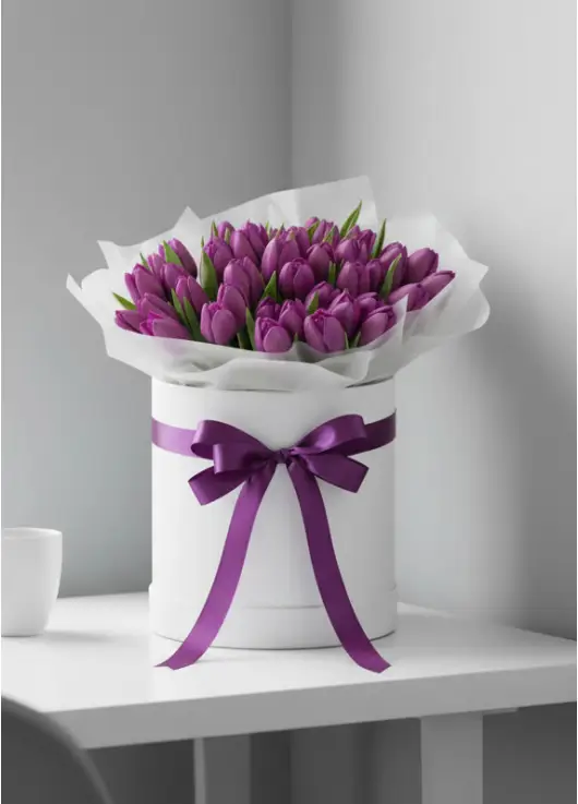 51 purple tulips in a box (imported, Netherlands)