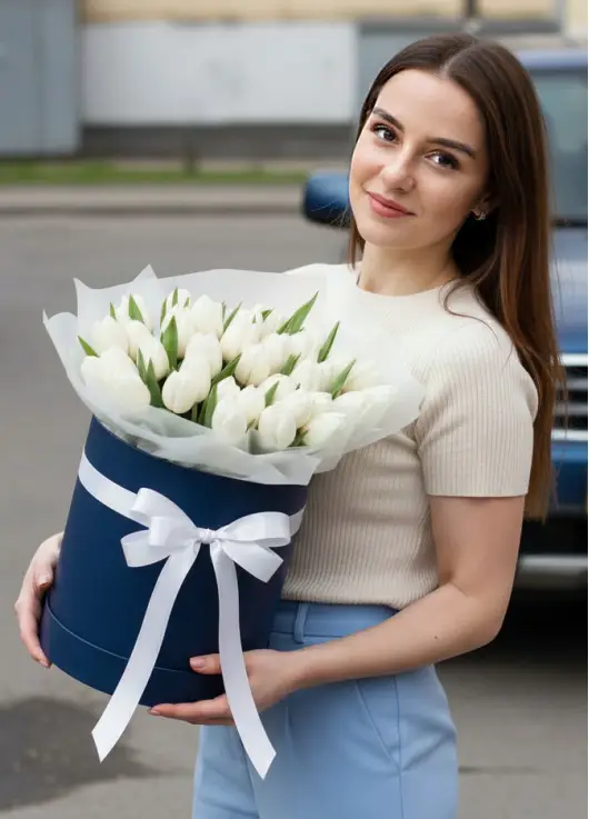 51 white tulips in a box (imported, Netherlands)
