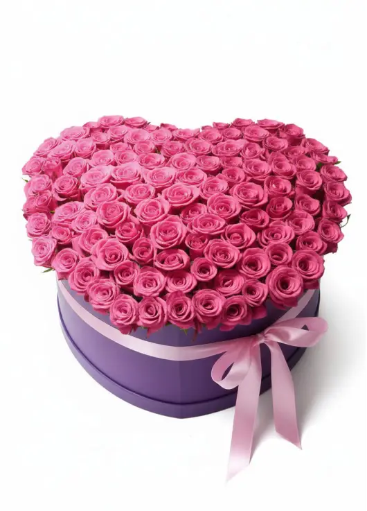 101 pink roses in a heart box