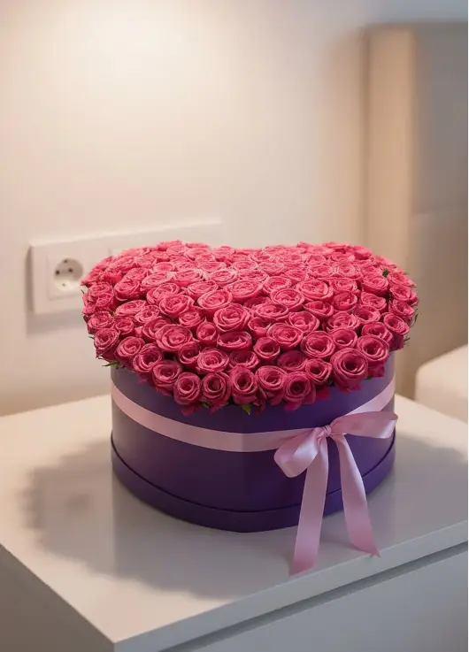 101 pink roses in a heart box