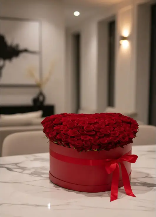 101 red roses in a heart box