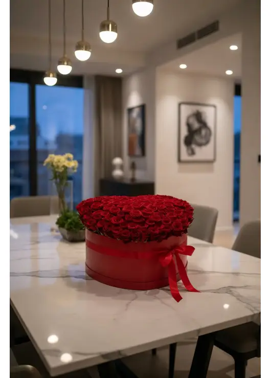 101 red roses in a heart box