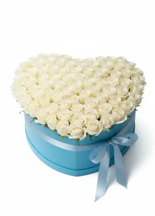 101 white roses in a heart box