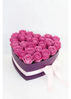 25 pink roses in a heart box