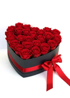 25 red roses in a heart box